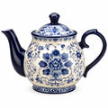 Teiera 1100 ml in ceramica avorio e blu con decoro floreale e coperchio