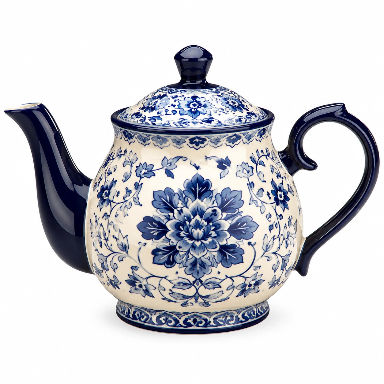 Teiera 1100 ml in ceramica avorio e blu con decoro floreale e coperchio