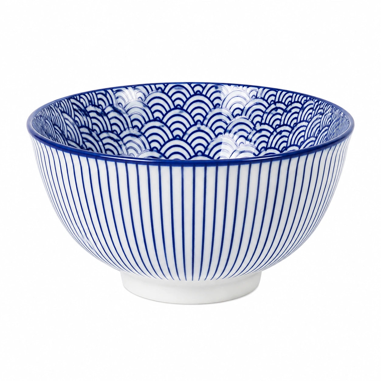 Ciotola in ceramica 20 cm bianco/blu con motivo a onde stile giapponese