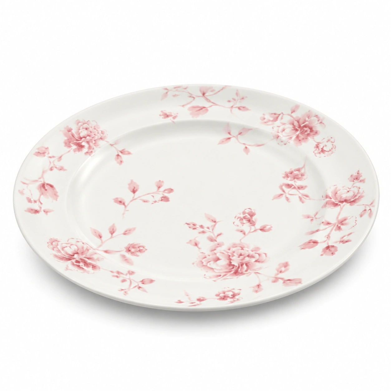 Piatto piano 26 cm in porcellana bianca e rosa con motivo floreale