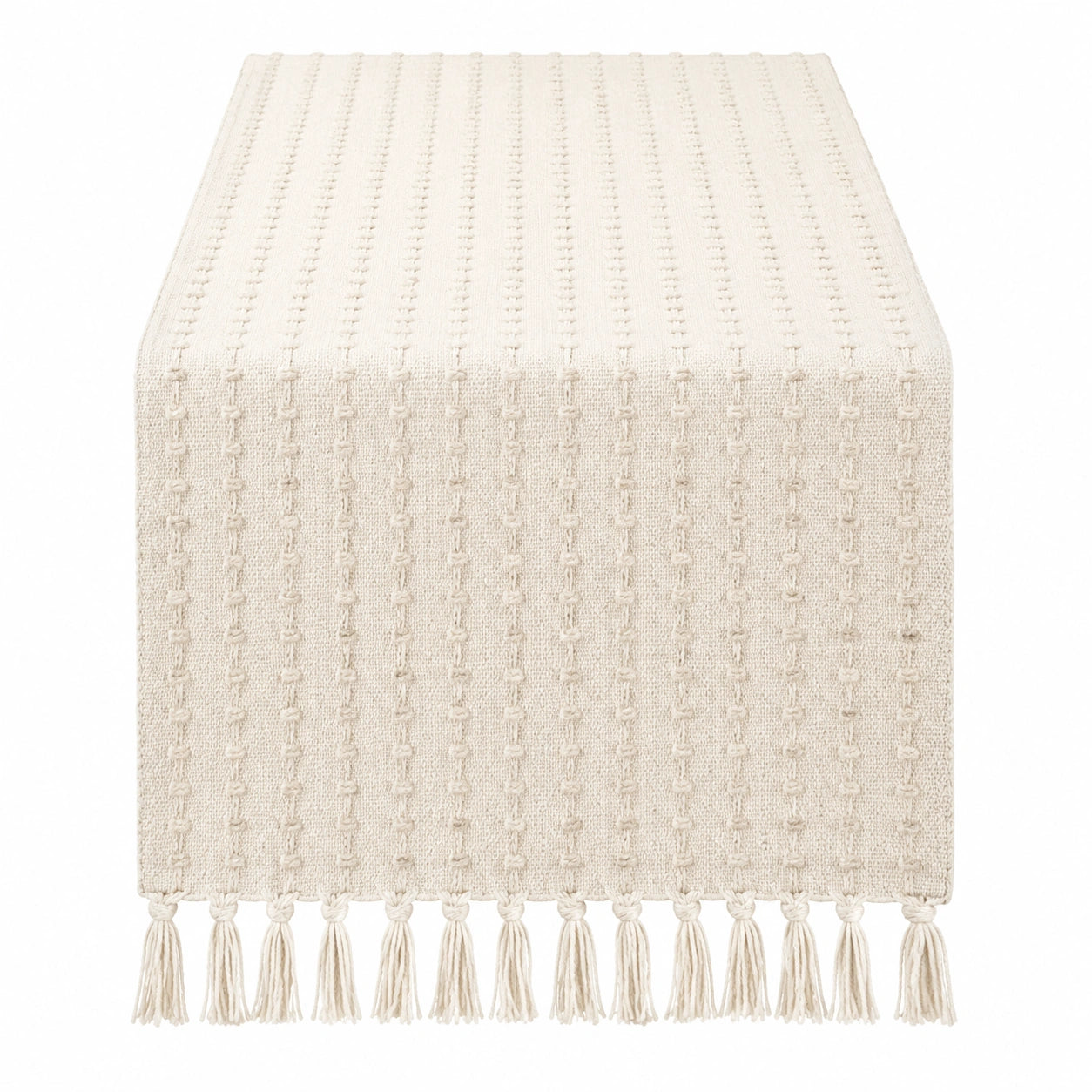 Runner da tavola 180 x 35 cm in tessuto beige con frange stile rustico