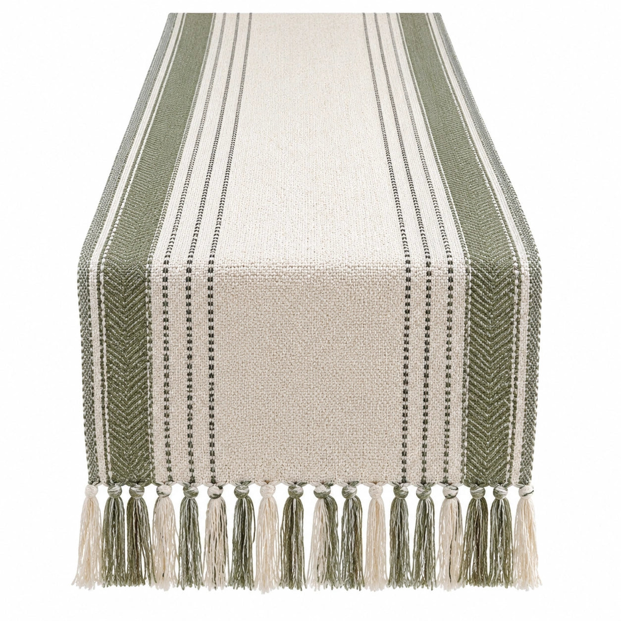 Runner da tavola 180 x 33 cm in tessuto verde e beige a righe con frange