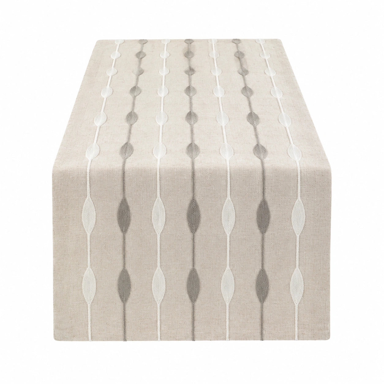 Runner da tavola 40 x 180 cm in tessuto effetto lino beige e grigio con ricamo geometrico stile moderno