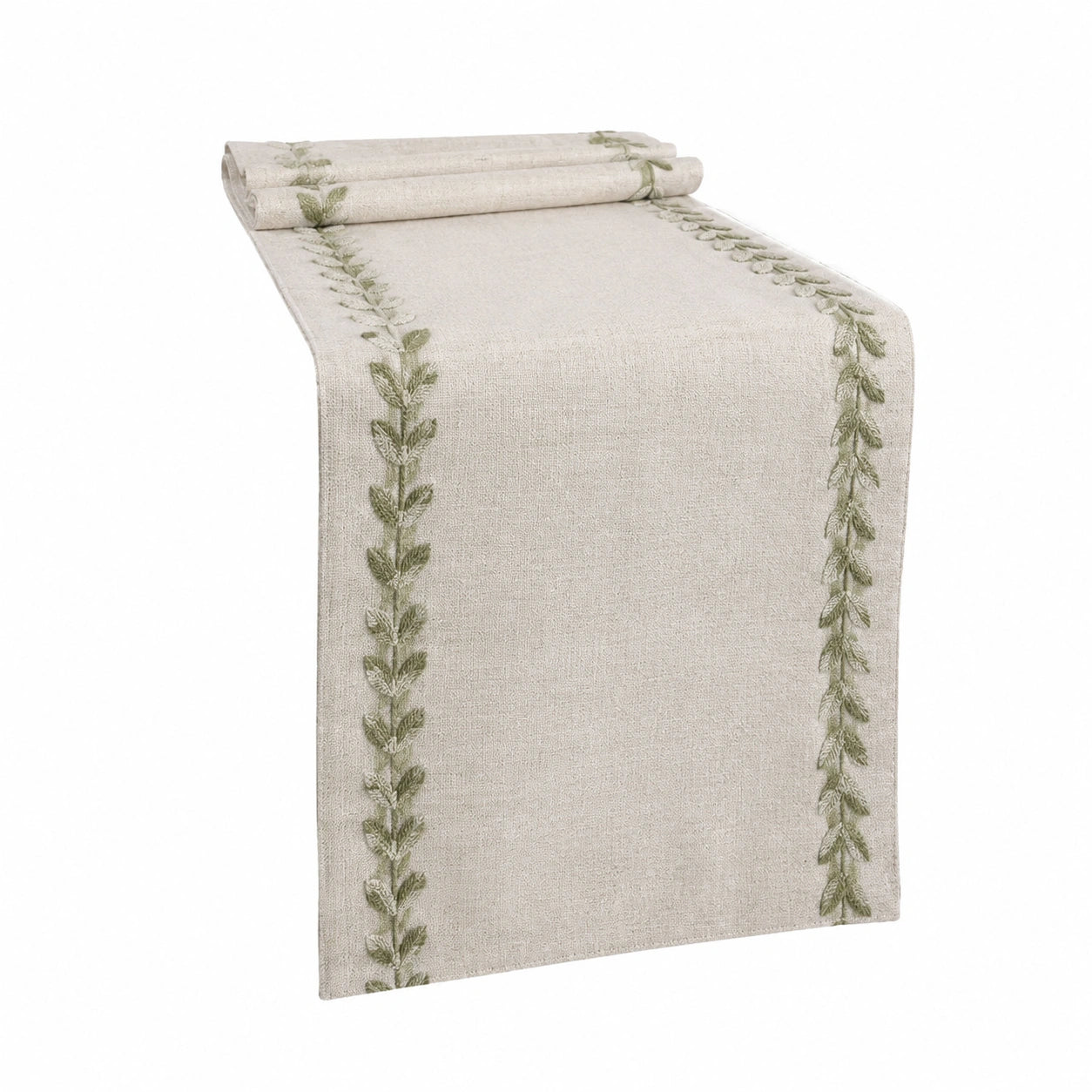 Runner da tavola 40 x 180 cm in tessuto beige con ricamo verde stile botanico