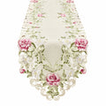 Runner da tavola 180 x 40 cm in tessuto ricamato avorio rosa verde con motivo floreale stile classico