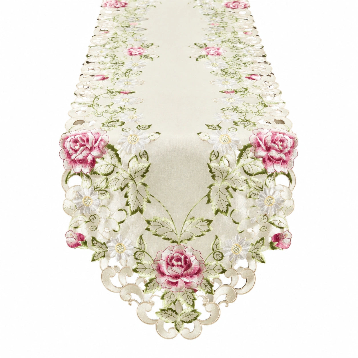 Runner da tavola 180 x 40 cm in tessuto ricamato avorio rosa verde con motivo floreale stile classico