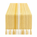 Runner da tavola 180 x 35 cm in tessuto giallo e bianco con frange stile boho