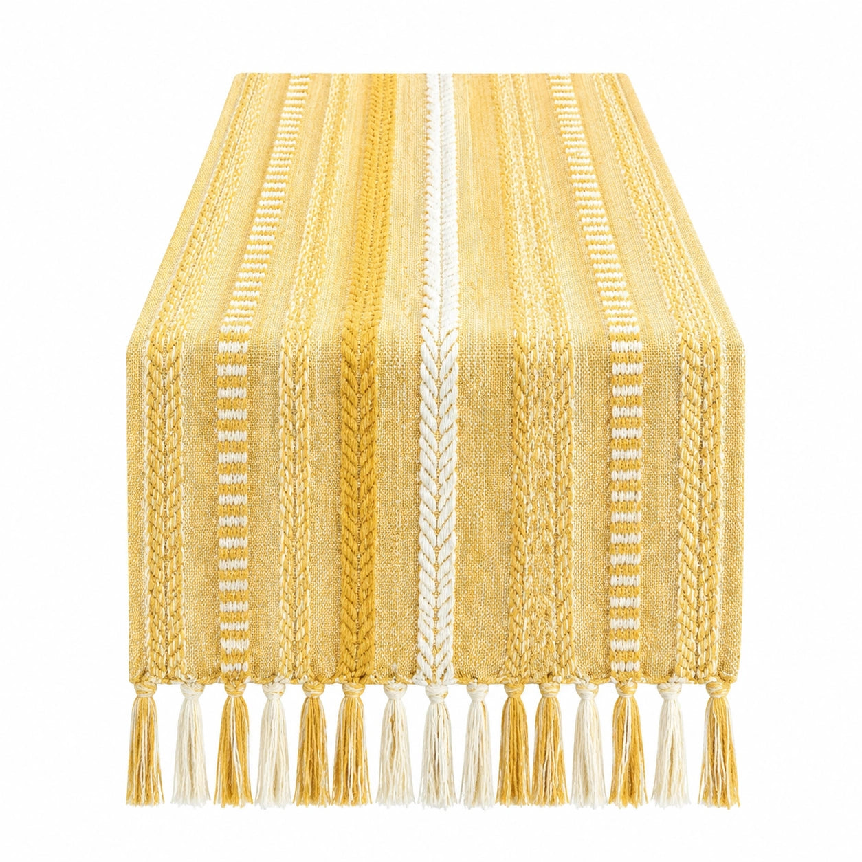 Runner da tavola 180 x 35 cm in tessuto giallo e bianco con frange stile boho