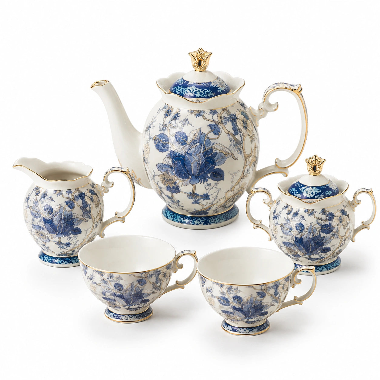 Servizio da tè 5 pezzi in porcellana blu bianco e oro con motivo floreale stile classico