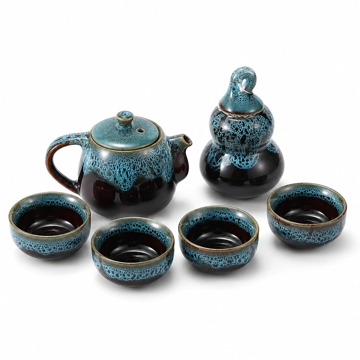 Servizio da tè in ceramica turchese e nero per 4 persone con teiera 700 ml