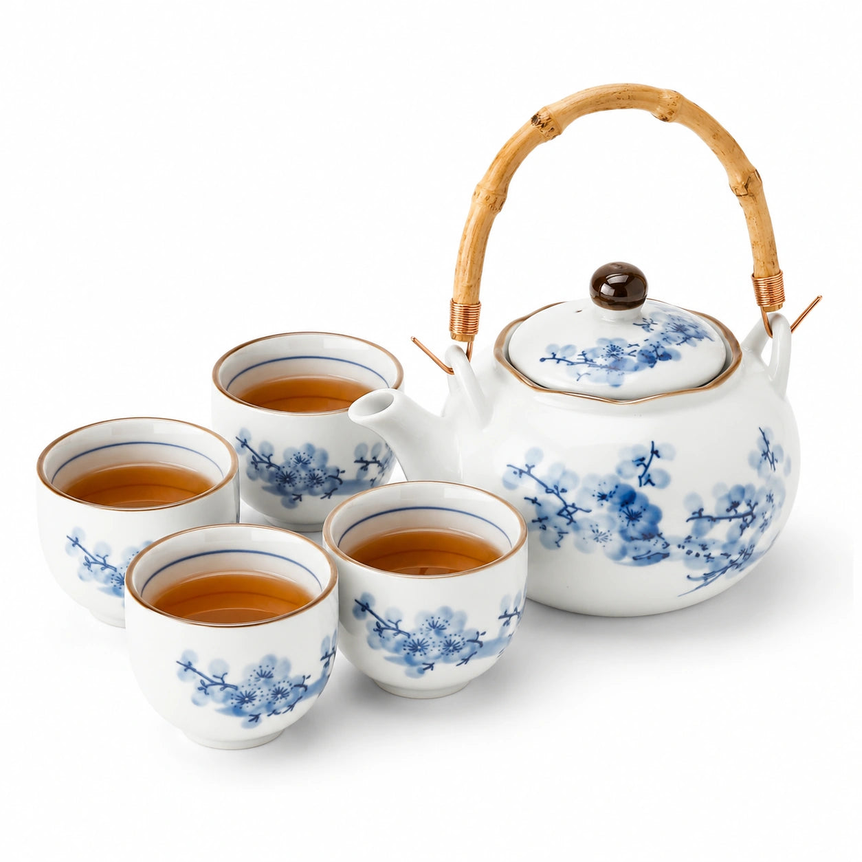 Servizio da tè in porcellana 5 pezzi 900 ml bianco e blu - decorazione floreale con manico in bambù