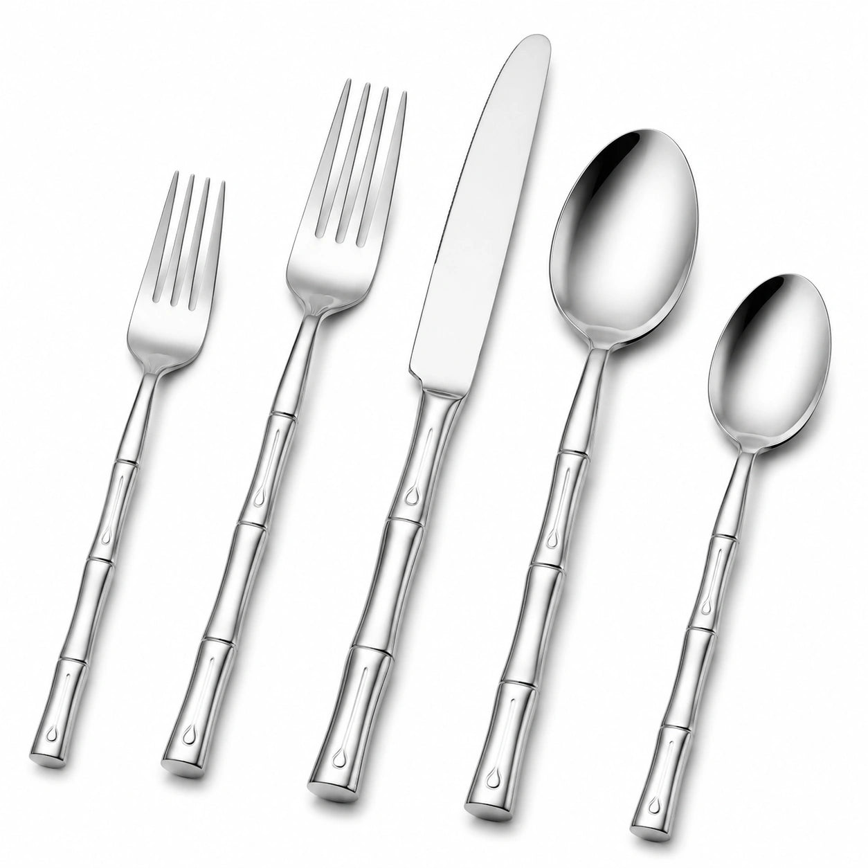 Set posate 5 pezzi in acciaio inox argento per tavola stile bambù
