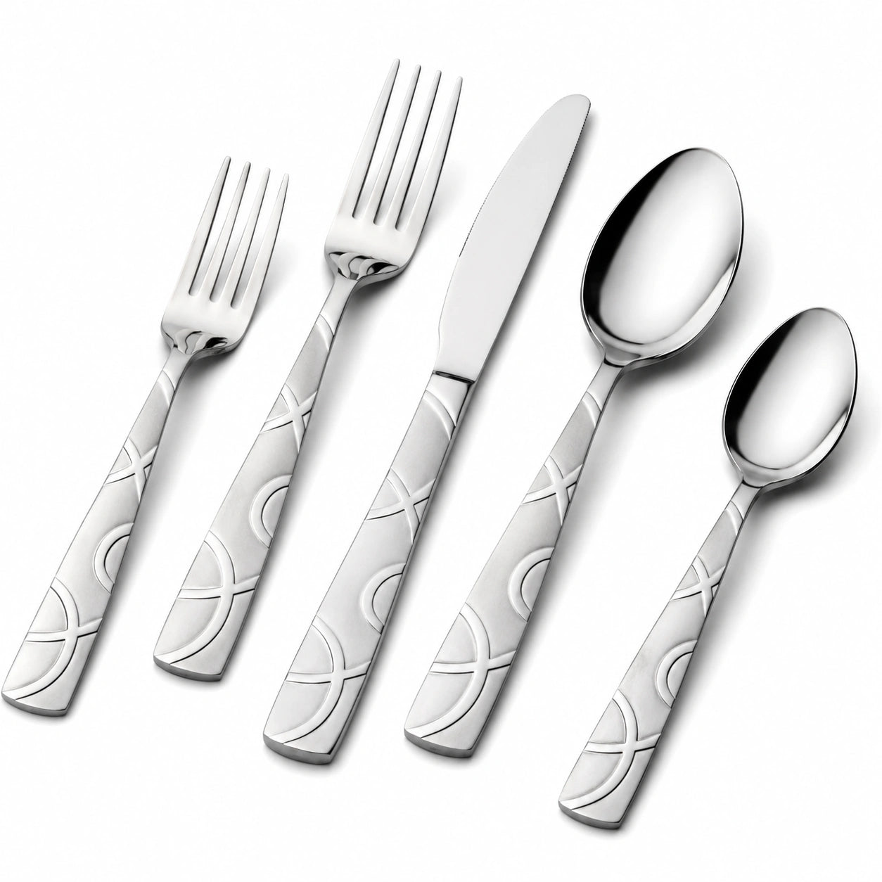 Set posate 5 pezzi in acciaio inox argento con manici decorati per tavola