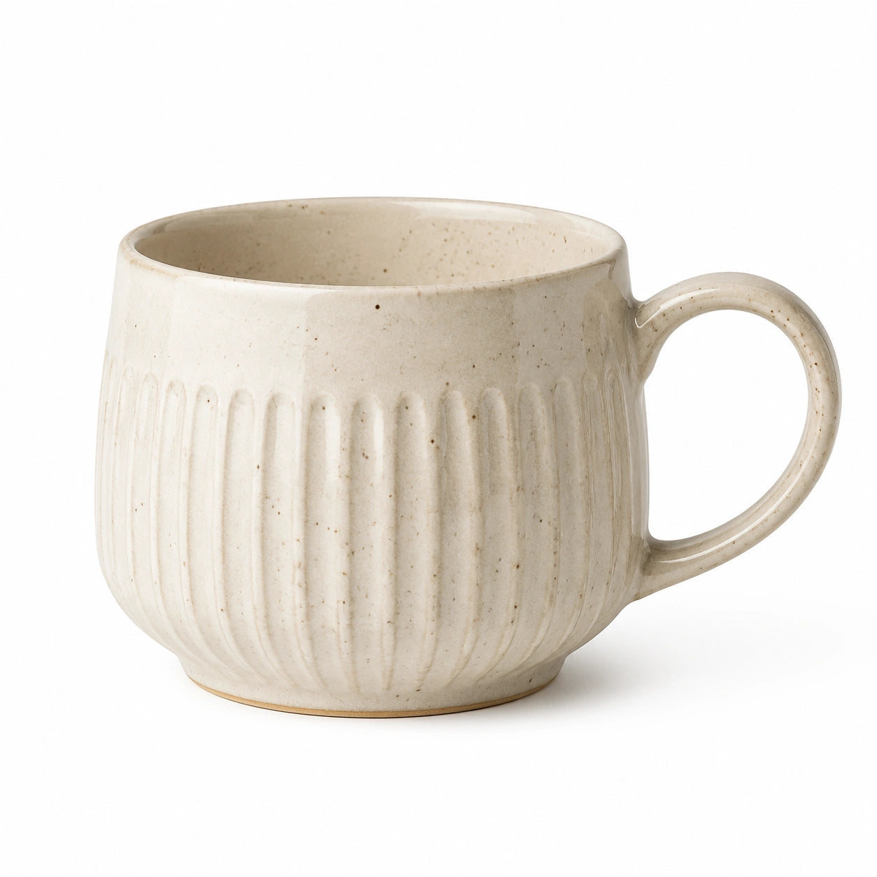 Tazza in ceramica 400 ml color crema con manico e rilievi verticali