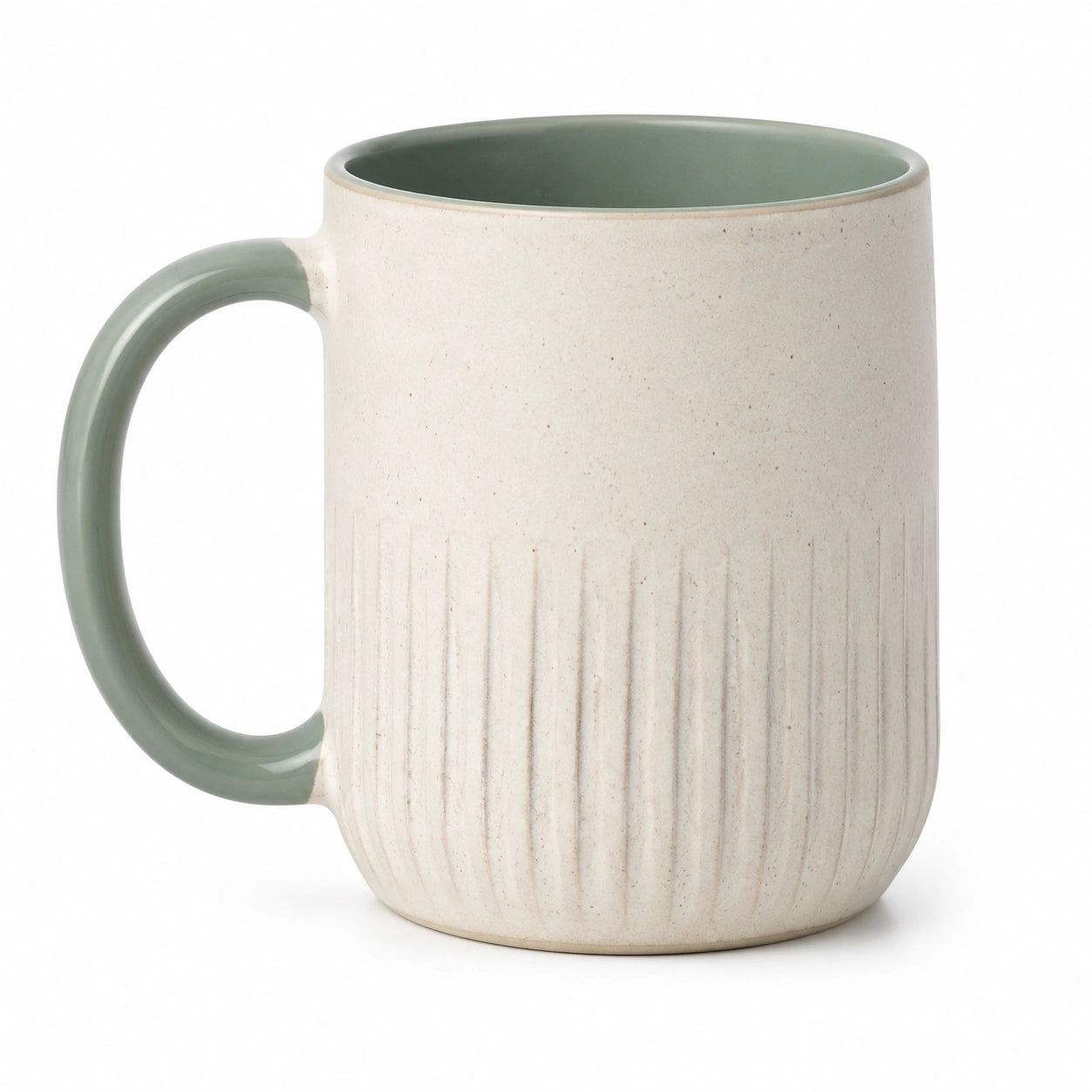 Tazza in ceramica 400 ml beige e verde con manico - superficie scanalata