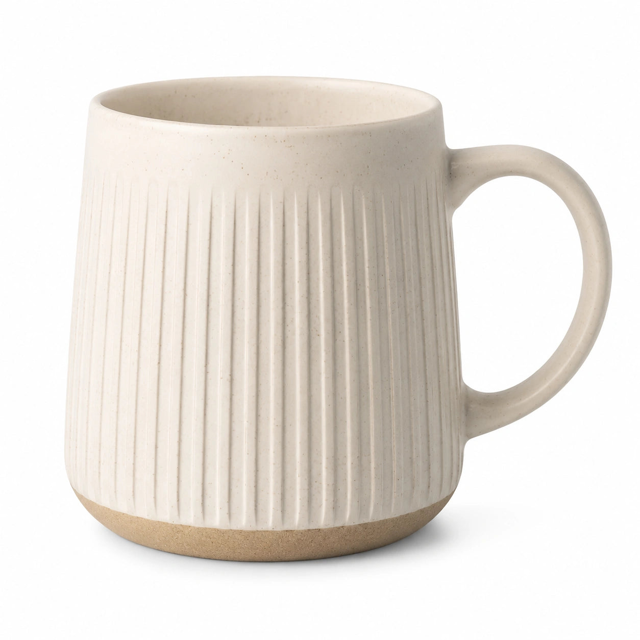 Tazza in gres 400 ml crema beige con manico e superficie rigata 9 x 10 cm